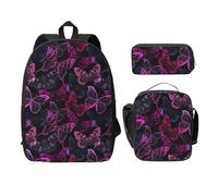 SDFCUMDM Pink Butterfly Print School Bag + Pencil Case + Lunch Bag Combination for Everyday Use