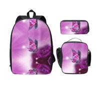 SDFCUMDM Pink Butterfly Print School Bag + Pencil Case + Lunch Bag Combination for Everyday Use
