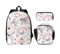 SDFCUMDM Pink Floral Pattern Print School Bag + Pencil Case + Lunch Bag Combination for Everyday Use