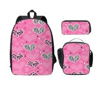 SDFCUMDM Pink Love Heart Print School Bag + Pencil Case + Lunch Bag Combination for Everyday Use