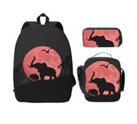 SDFCUMDM Pink Moon Elephant Print School Bag + Pencil Case + Lunch Bag Combination for Everyday Use