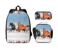 SDFCUMDM Pretty Horses Print School Bag + Pencil Case + Lunch Bag Combination for Everyday Use