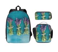 SDFCUMDM Purple Flowers Bouquets Print School Bag + Pencil Case + Lunch Bag Combination for Everyday Use