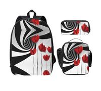 SDFCUMDM Red Flower Vortex Spiral Print School Bag + Pencil Case + Lunch Bag Combination for Everyday Use