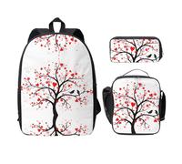 SDFCUMDM Red Love Heart Tree Print School Bag + Pencil Case + Lunch Bag Combination for Everyday Use