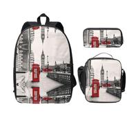 SDFCUMDM Red Phone Booth London Street Print School Bag + Pencil Case + Lunch Bag Combination for Everyday Use