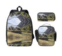 SDFCUMDM Steam Locomotive Train Print School Bag + Pencil Case + Lunch Bag Combination for Everyday Use