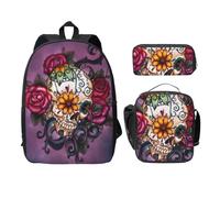 SDFCUMDM Sugar Horror Skull Flowers Rose Print School Bag + Pencil Case + Lunch Bag Combination for Everyday Use