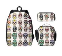 SDFCUMDM Sugar Horror Skull Print School Bag + Pencil Case + Lunch Bag Combination for Everyday Use