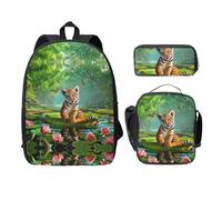 SDFCUMDM Tiger and Lotus Flowers Print School Bag + Pencil Case + Lunch Bag Combination for Everyday Use