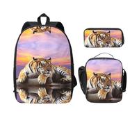 SDFCUMDM Tiger Lying On Wood Print School Bag + Pencil Case + Lunch Bag Combination for Everyday Use