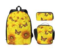 SDFCUMDM Yellow Flowers Butterflies Print School Bag + Pencil Case + Lunch Bag Combination for Everyday Use