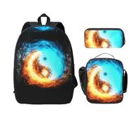 SDFCUMDM Yin Yang Fire and Ice Print School Bag + Pencil Case + Lunch Bag Combination for Everyday Use