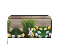 SDFHU Easter Egg Bunny Grass Wooden Print Women Wallet Trendy Travel-Friendly 7.9X3.9in Casual Clutch Purse Gift for Ladies, Black, One Size, Art