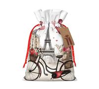 SDFHU Love Paris Tower Coffee Wine Perfume Bicycle Heart Printing Festive Christmas Gift Bag Drawstring For Holiday Xmas Birthday Party Presents