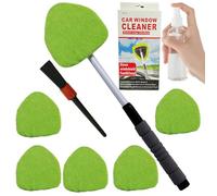 SDFNBRA 9PCS Car Windscreen Cleaner with Telescopic Handle, 180° Rotating Head, 6 Reusable Microfiber Pads, 100ml Spray Bottle & Detail Brush, Auto Window Cleaning Tool for Car & Home (Green)