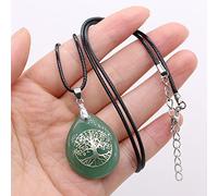 sdfwe Crystal Necklaces, Natural Gemstone Tree Of Life Green Aventurine Teardrop Pendant Necklace With Leather Chain for Women Men Fashion Jewelry