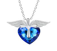 SDFXCDR choker necklaces for women，Ladies Fashion Income Angel Wings Cross Pendant Necklace Luxury Blue Heart Crystal Jewelry Bridal Wedding Gifts，gift