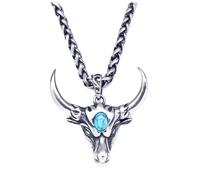 SDFXCDR men necklace chain friendship Gothic Green Stone Bull Skull Necklace Pendant Punk Animal Necklace Mens Taurus Zodiac Amulet Jewelry gift