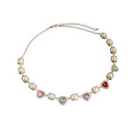 SDFXCDR men necklace chain friendship Korean Fashion Colorful Love Heart Rhinestone Collar Chain Necklace for Men Imitation Pearl Choker Male Street Jewelry gift