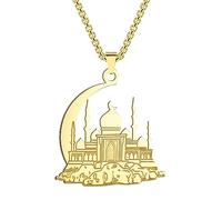 SDFXCDR necklace men Mosque with Crescent Pendant Necklace for Men Boys Hip Hop Islamic Muslim Charm Chain Hip Hop Jewelry graduation gifts