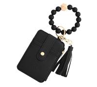 SDGBCXD Beaded Wallet, Bohemian Leather Card Wallet with Tassel and Beaded Lanyard Portable PU Leather Card Holder for Identity Cards, Black(Black)
