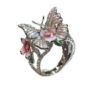 SDGBCXD ring, 18K Gold Plated Dainty Colorful Flower Leaf Butterfly Enamel Statement Band Ring for Women(BASilver)