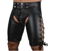SDGHH-8MMDM Men's Leather Shorts Chaps Shorts with Side Laces Chaps Novelty Adjustable Lace Up Waist Lace Up Legs Classic Black PU Shorts Tight Zipper Shorts Party Clubwear,Black,XL