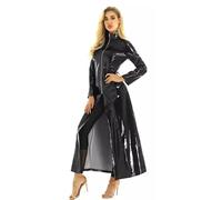 SDGHH-8MMDM Women Adult PVC Leather Shiny Metallic Turtleneck Zipper Trench Coat Long Jacket Cloak Dress,Black,3XL