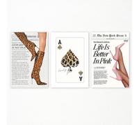 sdgobvco Set of 3 Trendy Leopard Canvas Wall Art, Vintage Newspaper Leopard Boots Print, Spades Cheetah Poker Lucky You Poster, Funky Pink High Heel Girly Bedroom Wall Decor 12x16in Unframed