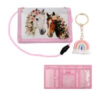 Sdhgerh Children's Neck Pouch, Beautiful Horse Wallet with Pink Rainbow Keyring, 7 Independent Storage Compartments, School Enrolment and Birthday Gift for Horses Girls