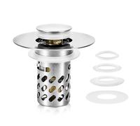 sdhiiolp 3-in-1 Pop Up Sink Plug - Universal Sink Plug fits 30-60mm Drain Holes, Sink Plug Replacement with 4 Sealing Rings & Detachable Stainless Steel Filter Basket for Bathroom, Kitchen, Silver
