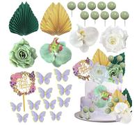 SDIDVIEXPERT 29 PCS Rose Artificial Flower Leaves Cake Decorations Paper Palm Fan Cake Toppers Ball Cake Decorations for DIY Wedding Birthday Party Baby Shower Valentine's Day(Green)