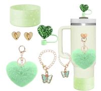SDIDVIEXPERT Stanley Cup Accessories Set 6PCS Stanley Cup Decor Includes Silicone Boot Straw Cover caps Heart Butterfly Charm Keychain for Stanley Cup for Stanley Cup 30/40oz Tumbler(Green)