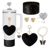 SDIDVIEXPERT Stanley Cup Accessories Set 6PCS Stanley Cup Decor Includes Silicone Boot Straw Cover caps Heart Butterfly Charm Keychain for Stanley Cup for Stanley Cup 30/40oz Tumbler(Black)