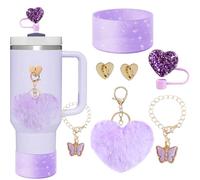 SDIDVIEXPERT Stanley Cup Accessories Set 6PCS Stanley Cup Decor Includes Silicone Boot Straw Cover caps Heart Butterfly Charm Keychain for Stanley Cup for Stanley Cup 30/40oz Tumbler(Purple)