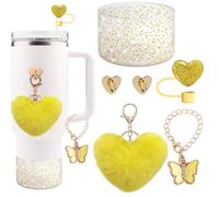 SDIDVIEXPERT Stanley Cup Accessories Set 6PCS Stanley Cup Decor Includes Silicone Boot Straw Cover caps Heart Butterfly Charm Keychain for Stanley Cup for Stanley Cup 30/40oz Tumbler(Gold)