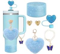 SDIDVIEXPERT Stanley Cup Accessories Set 6PCS Stanley Cup Decor Includes Silicone Boot Straw Cover caps Heart Butterfly Charm Keychain for Stanley Cup for Stanley Cup 30/40oz Tumbler(Blue)