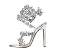 SDIUAKBV Rhinestone Sandals Crystal Sandals Butterfly Flowers Decor Women Gladiator Summer High Heels Wedding Banquet Shoes For the Summer(Silver,35)