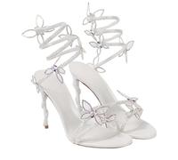 SDIUAKBV Rhinestone Sandals Crystal Women Sandals Butterfly Detail Sexy Coiled Strap Thin High Heels Summer Party Shoes For the Summer(White,35)