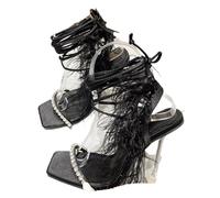 SDIUAKBV Rhinestone Sandals Rhinestone Feather Women Sandals Lace Up Cross Tied Sexy Gladiator Square Toe Ladies High Heel Shoes For the Summer(Black,35)