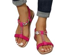 SDIUAKBV Rhinestone Sandals Rhinestone Flat Sandals For Women Elastic Back Strap Gladiator Non Slip Beach Shoes For the Summer(Rosy Red,39)