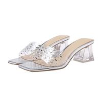SDIUAKBV Rhinestone Sandals Womens Rhinestone Sandals Transparent Slim Solid Color Square Toe High Heeled Slippers For Women For the Summer(37)