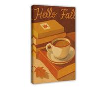 SDKAHKZO Hello Autumn Cozy Coffee Mug Autumn Book Lover Hand Painted Warm Neutral Seasonal Canvas Modern Poster Wall Art Prints Paintings Living Room Bedroom Decor 20x30inch(50x75cm)
