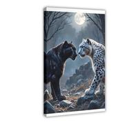 SDKAHKZO Moonlight Showdown Black Panther Vs. Snow Leopard Majestic Wildcats, Mysterious Wildlife Canvas Wall Art Posters And Prints Room Aesthetic Bedroom Office Decor 20x30inch(50x75cm)