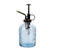 SDlumeiy 11.8 Ounce Glass Plant Spray Bottle, Glass Leaf Print One Handed Watering Can with Antique Brass Plastic One Handed Top Pump, 7.6 Inch Tall Indoor and Outdoor Plant Small Spray Bottle (Blue)