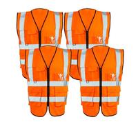 SDMAX Zipped Orange Hi-Viz Vest Waistcoat, Breathable, Multiple Pockets, High Visibility, High Visibility, Ideal For Mechanical, Warehouse, Construction, Transportation (4PCS, LARGE)