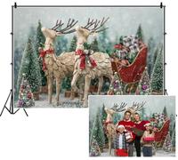 SDOTPMT 1.5x1m Christmas Reindeer Sleigh Backdrop Reindeer Figures Red Sleigh with Gifts Mini Christmas Trees Snowy Scene Photography Background for Children Holiday Party Shoots Scenes