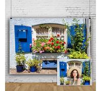 SDOTPMT 1.5x1m Greek Stone House Backdrop Potted Flower Window Scene Towns Alley Vintage Brick Stone Wall Photography Background European Travel Hiking Decorative Background