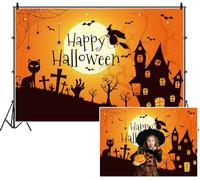 SDOTPMT 1.5x1m Happy Halloween Backdrop Full Moon Witch on Broomstick Spooky House Silhouettes of Cat Tombstones Zombie Hands Photography Background for Vibrant Celebrating Festival Decor